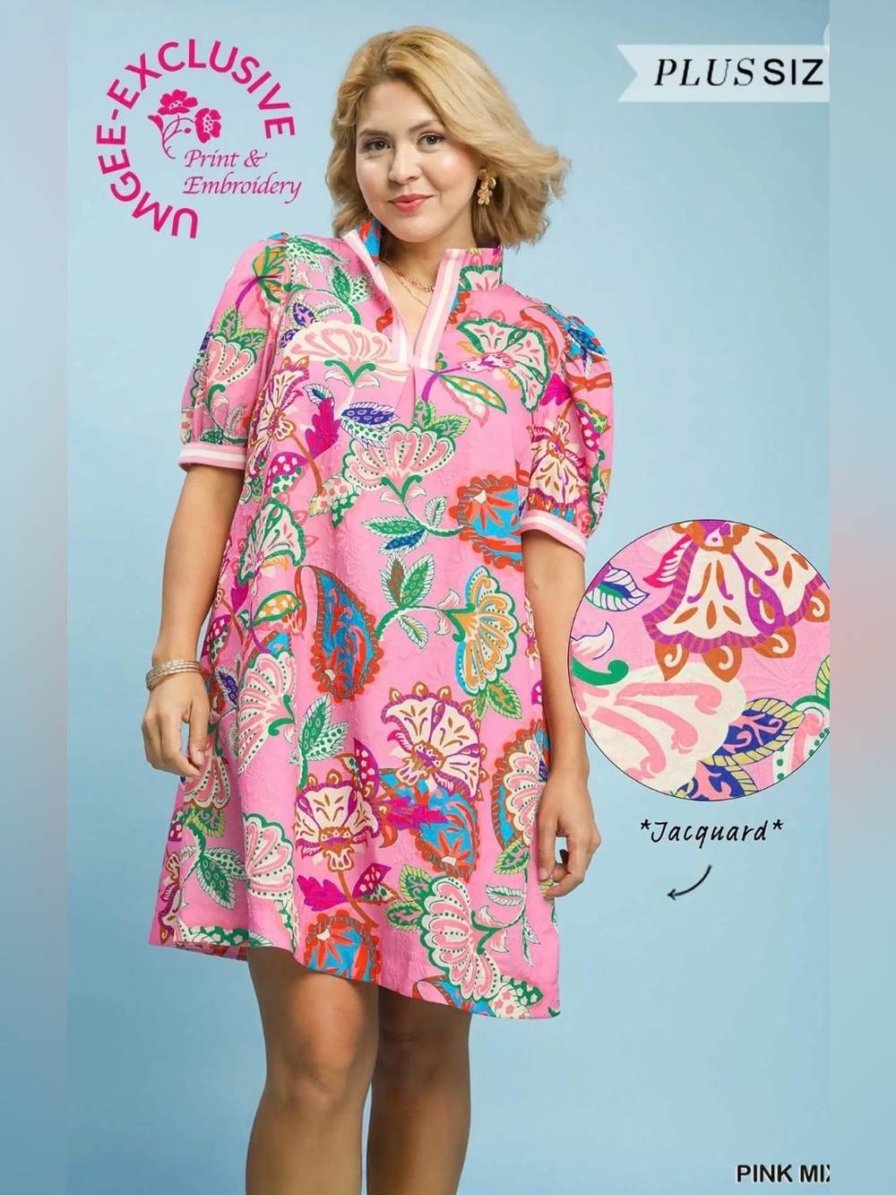 New! Umgee Plus Size Jacquard Paisley Print Puff Sleeve Tunic Dress Size XLarge